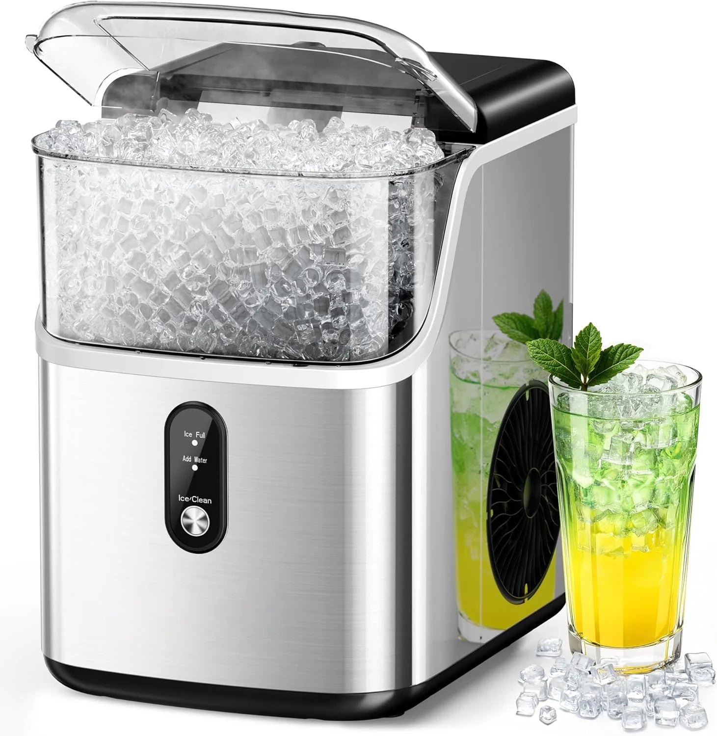 35LBS Countertop Nugget Ice Maker, Self-Cleaning Pellet Ice Machine, Stainless Steel Portable Ice Maker with Ice Scoop and Basket for Home Kitchen Bar Party