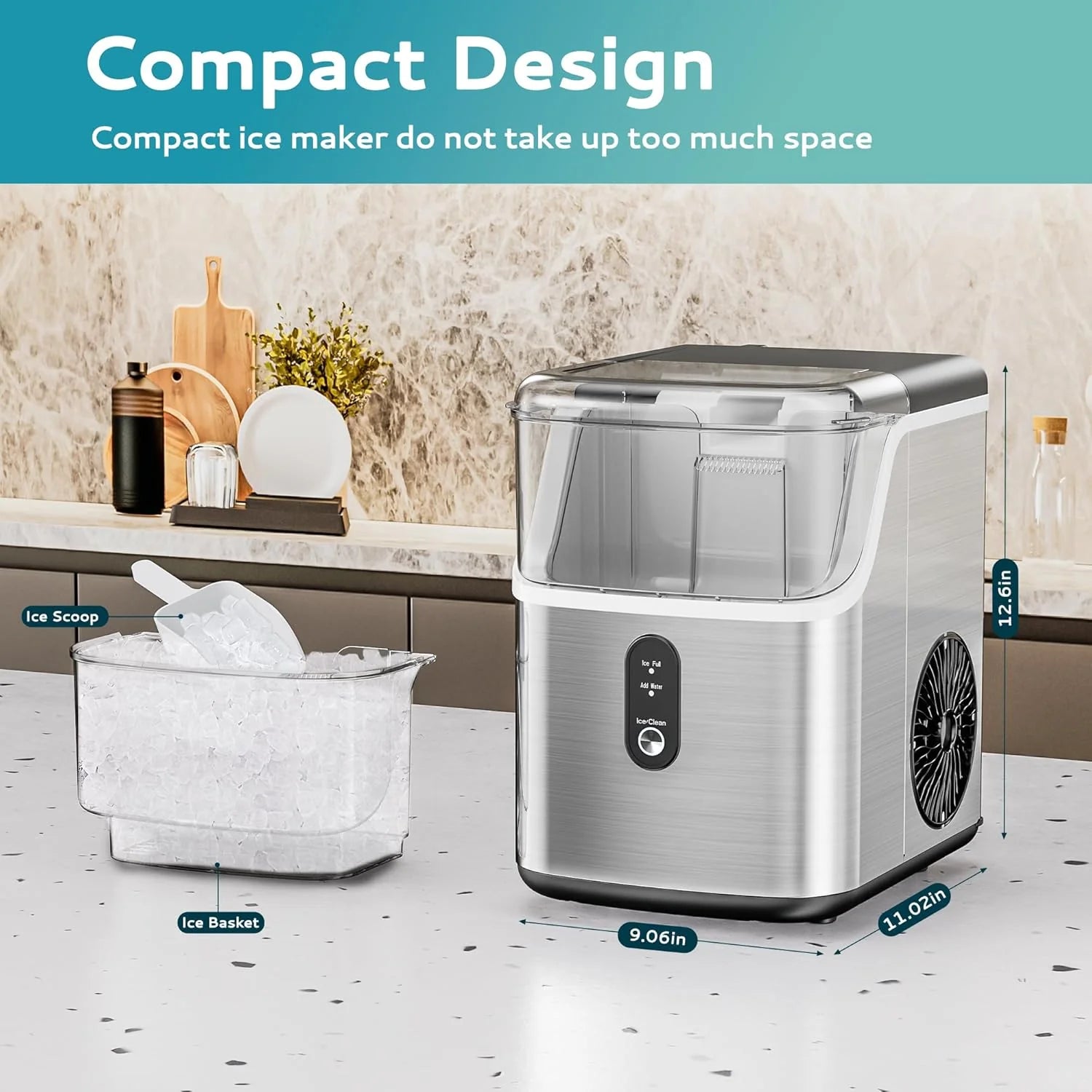 35LBS Countertop Nugget Ice Maker, Self-Cleaning Pellet Ice Machine, Stainless Steel Portable Ice Maker with Ice Scoop and Basket for Home Kitchen Bar Party