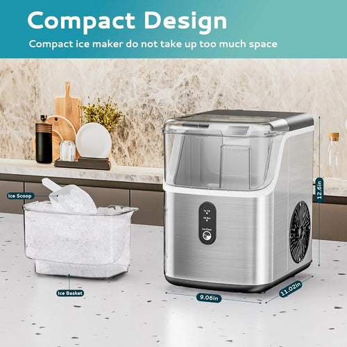 35LBS Countertop Nugget Ice Maker, Self-Cleaning Pellet Ice Machine, Stainless Steel Portable Ice Maker with Ice Scoop and Basket for Home Kitchen Bar Party