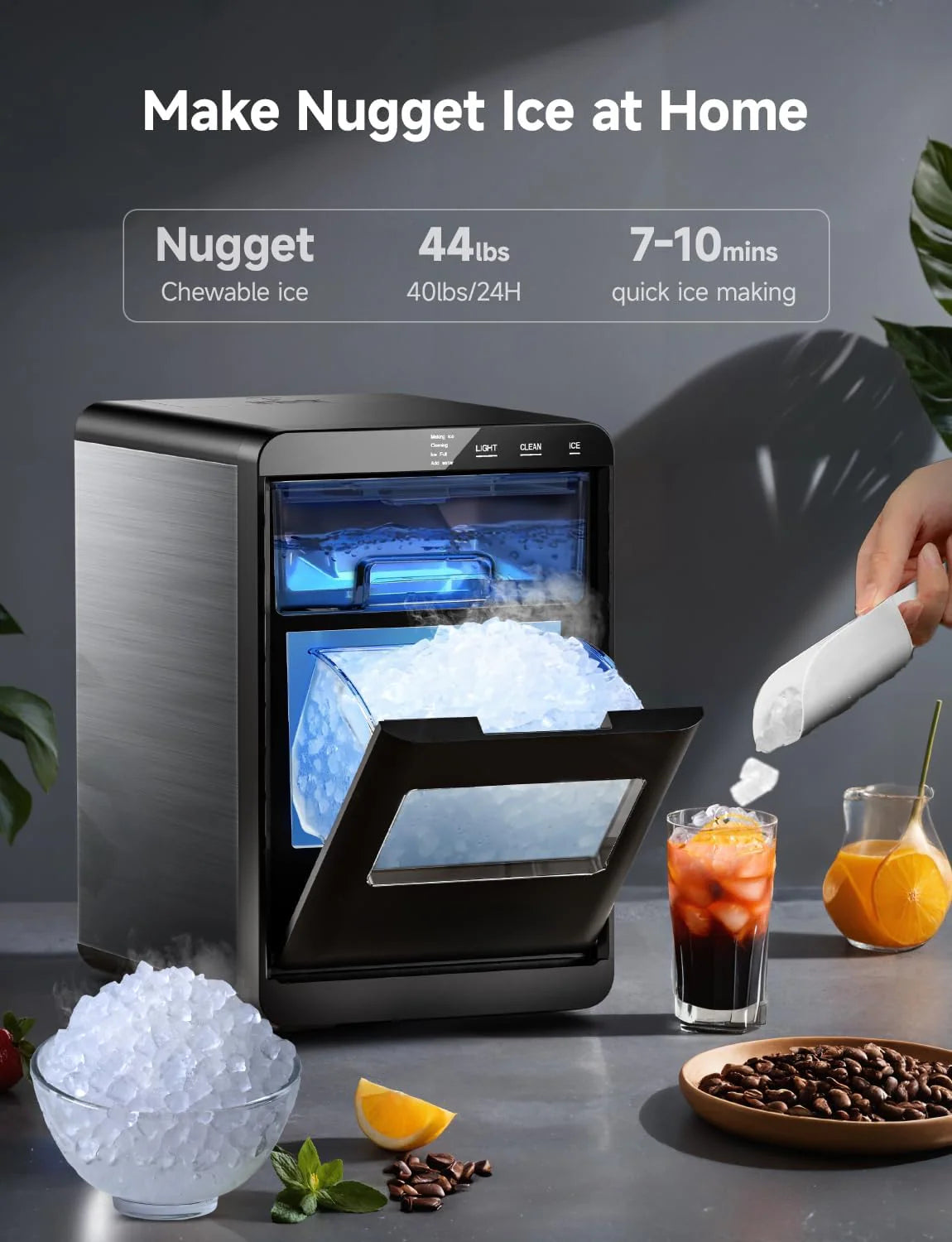 44Lbs/24H Countertop Nugget Ice Maker, Self-Cleaning Pellet Ice Machine, Portable Compact Crunchy Nugget Ice Machine for Home Kitchen Office Bar