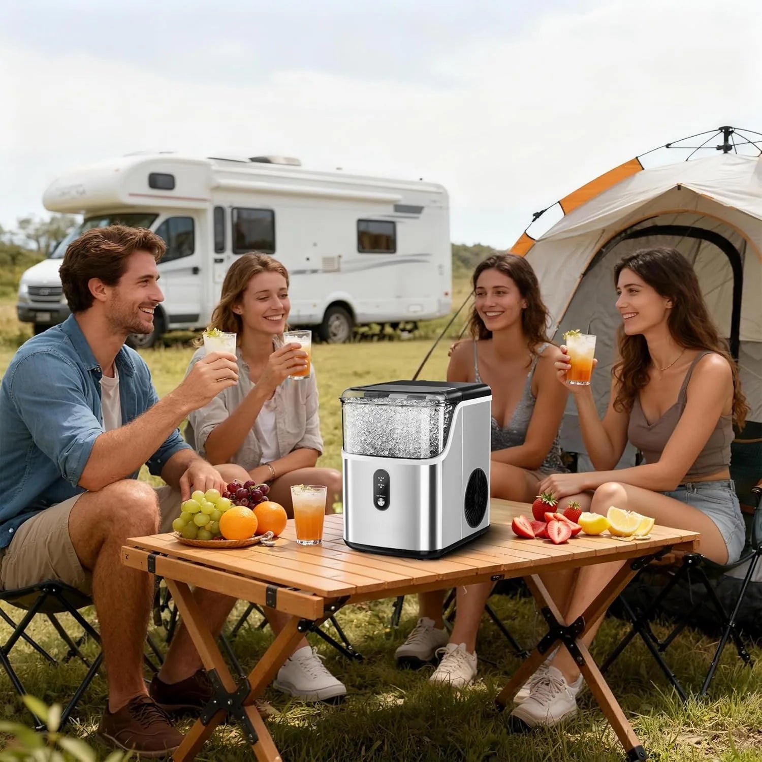 35LBS Countertop Nugget Ice Maker, Self-Cleaning Pellet Ice Machine, Stainless Steel Portable Ice Maker with Ice Scoop and Basket for Home Kitchen Bar Party