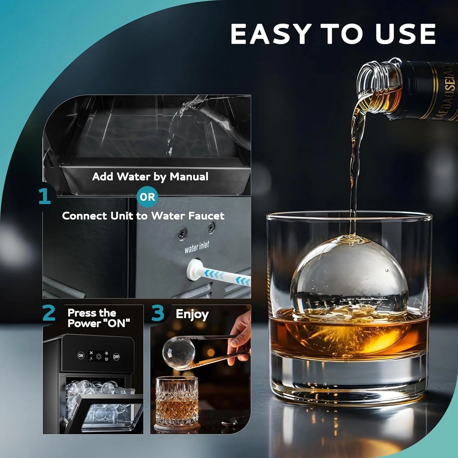 Crystal Clear Ice Ball Maker | Countertop, 144lbs/Day, 4 Balls in 40 Mins, Self-Cleaning