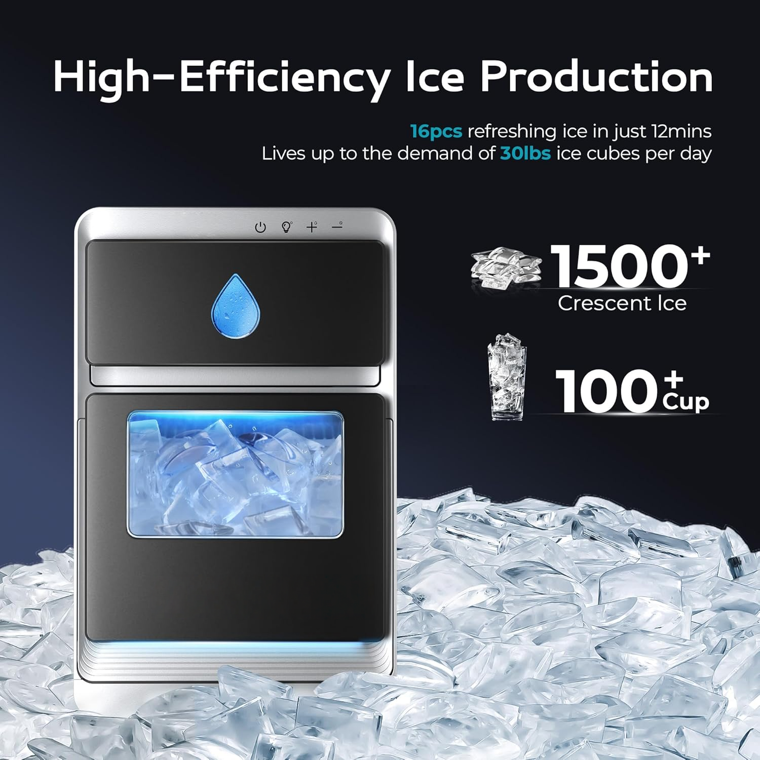 Countertop Portable Ice Maker – 1600lbs/Day, 12 Mins Fast Ice, Auto Self-Cleaning, Clear Ice Cubes for Whiskey, Coffee & Drinks